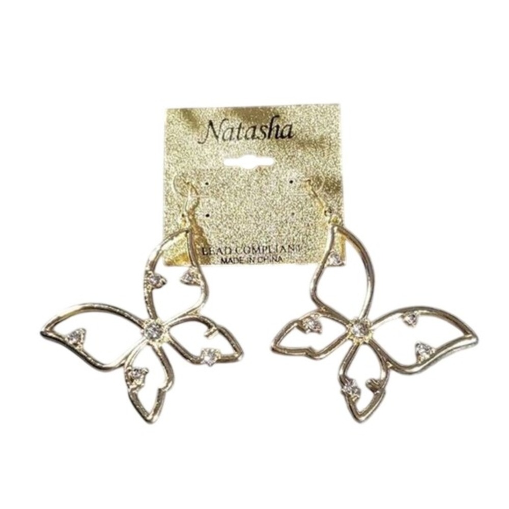 Natasha Gold Butterfly Drop Earrings Rhinestone Openwork Statement Jewelry NEW